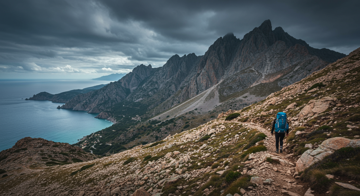 Sentier du GR20 en Corse avec vue sur la mer