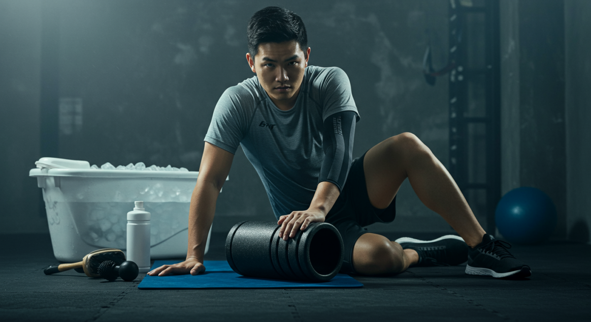 Athlète utilisant un rouleau de massage pour la récupération