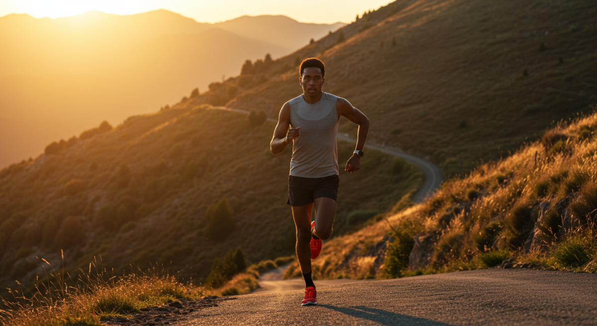 Coureur s'entraînant en côte au coucher du soleil
